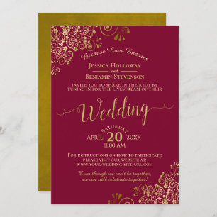 Elegante Maroon & Gold Virtual Wedding Livestream Einladung