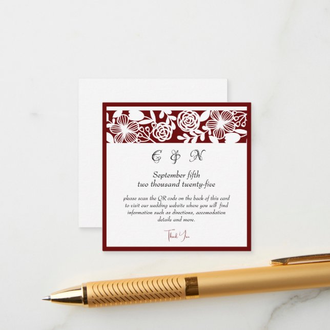 Elegante Maroon Monogram Details Enclosure Card Begleitkarte (Vorderseite/Rückseite Beispiel)