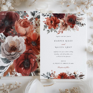 Elegante Marsala-Aquarell-Blumenhochzeit Einladung