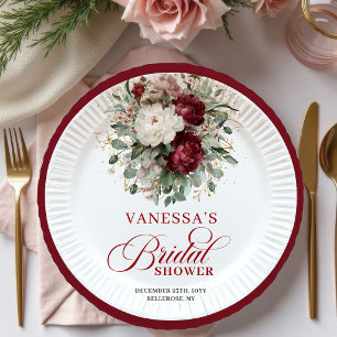 Elegante Marsala Floral Brautparty-Papierplatten Pappteller
