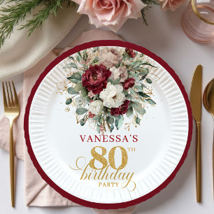 Elegante Marsala Floral Gold 80. Geburtstag Papier Pappteller