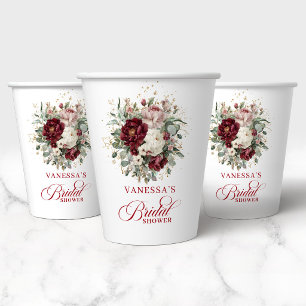 Elegante Marsala Florale Goldene Brautparty-Papier Pappbecher