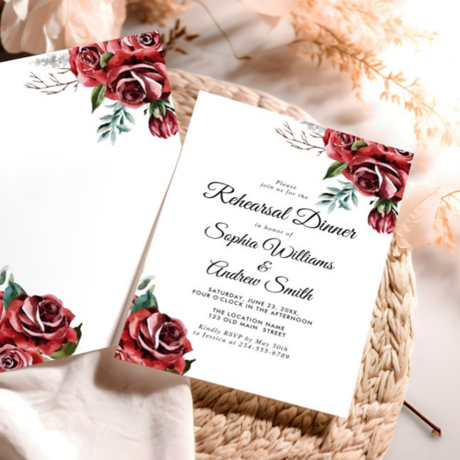 Elegante Marsala Rote Rose Rustic Wedding Diner Einladung (Von Creator hochgeladen)