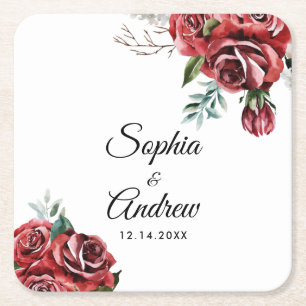 Elegante Marsala Rote Rose Rustikale Hochzeit Rechteckiger Pappuntersetzer