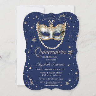 Elegante Maske Sterne Navy Blau Quinceanera Einladung