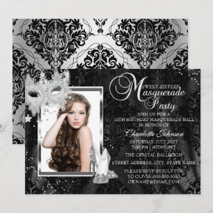 Elegante Maskenabsätze Masquerade-Foto Sweet 16 Einladung