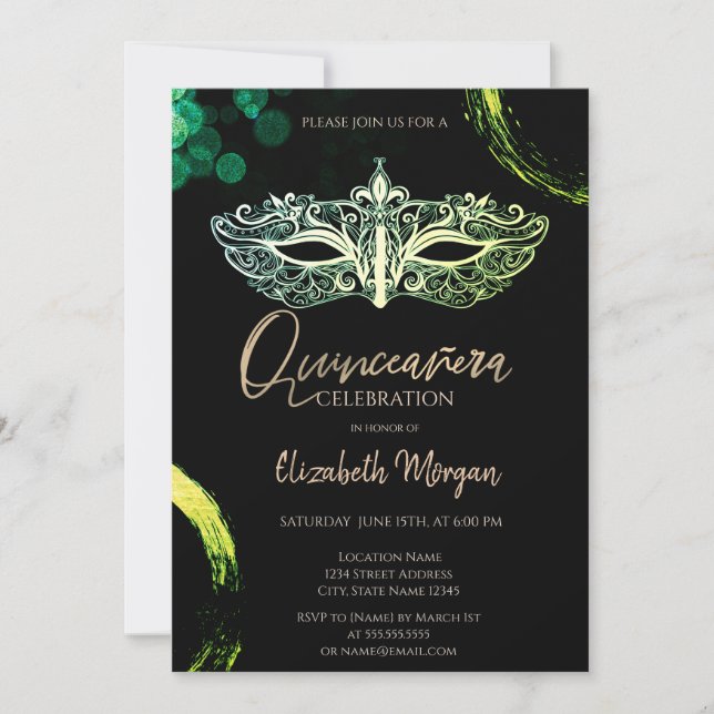 Elegante Masque, Chic Masquerade Quinceañera Einladung (Vorderseite)