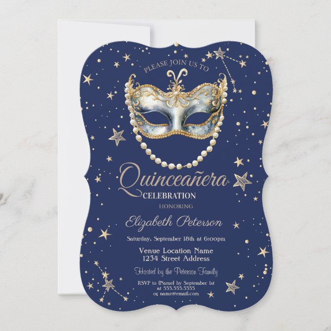 Elegante Masque Stars Navy Blue Quinceanera Einladung (Vorderseite)