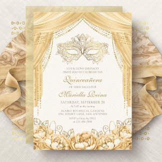 Elegante Masquerade Gold Quinceanera Einladung