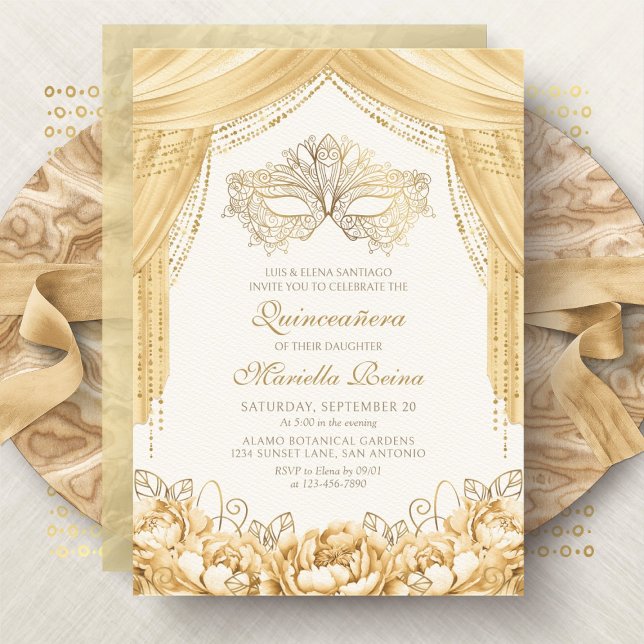 Elegante Masquerade Gold Quinceanera Einladung (Von Creator hochgeladen)