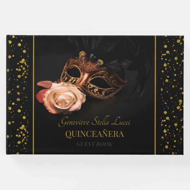 Elegante Masquerade und Weiße Rose Gästebuch (Vorderseite)