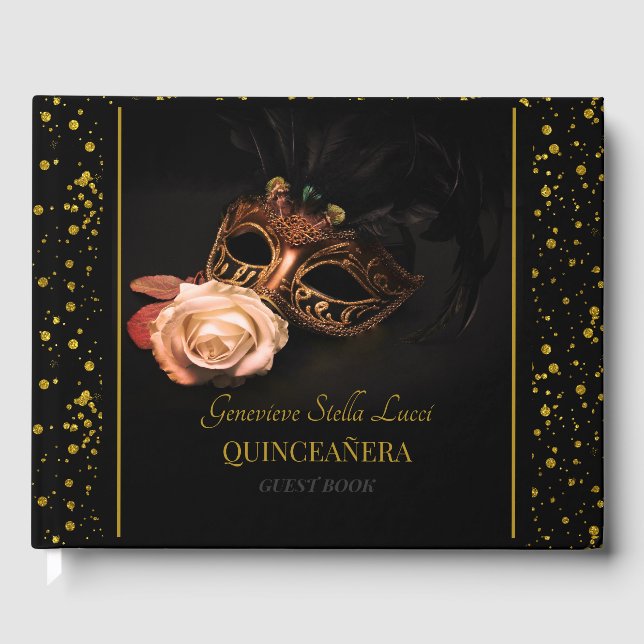 Elegante Masquerade und Weiße Rose Gästebuch (Vorderseite)