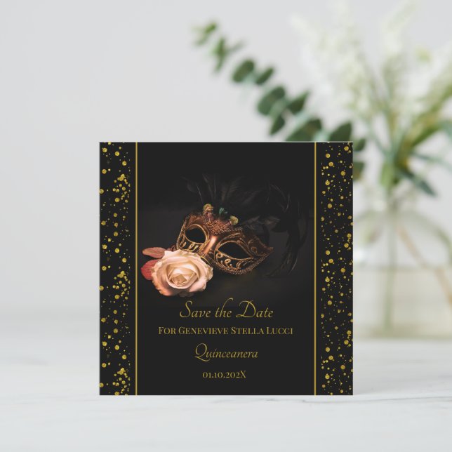 Elegante Masquerade und Weiße Rose Save The Date (Stehend Vorderseite)