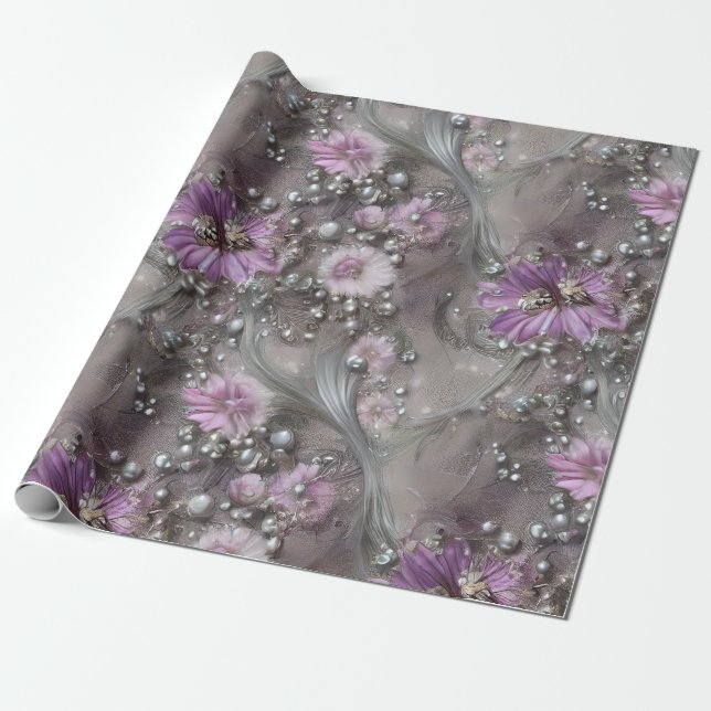 Elegante Mauve, Grau und Elfenbeinblüte & Beaded Geschenkpapier (Ungerollt)