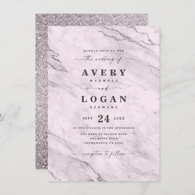 Elegante Mauve Lila Marble & Glitzer Wedding Einladung (Vorne/Hinten)