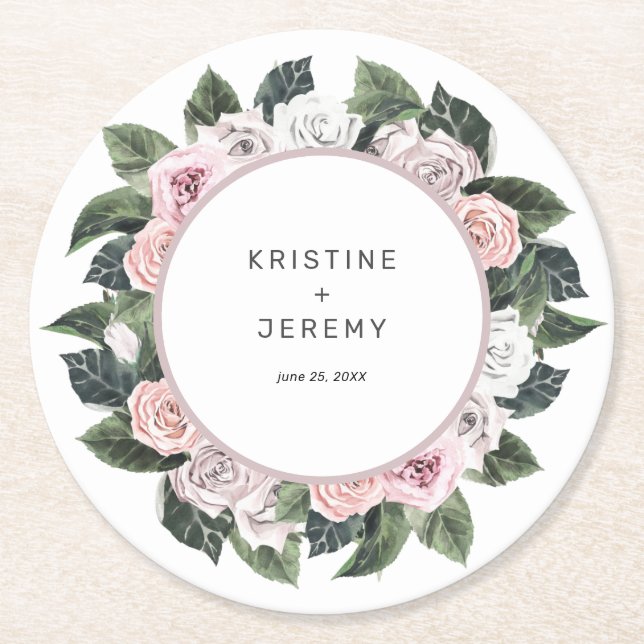 Elegante Mauve Pink Rose Wasserfarbenhochzeit Runder Pappuntersetzer (Vorderseite)