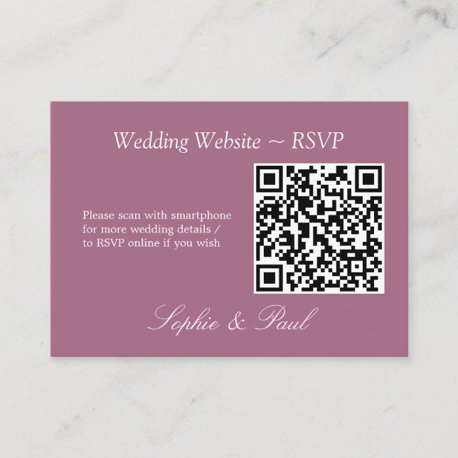 Elegante Mauve QR Code Website RSVP Card Begleitkarte (Vorderseite)