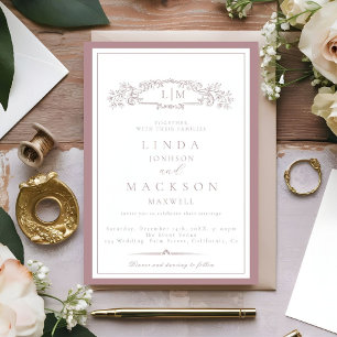Elegante Mauve & Terracotta Wappen Monogram Weddin Einladung