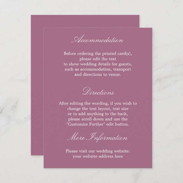 Elegante Mauve Wedding Details Card Begleitkarte (Vorne/Hinten)