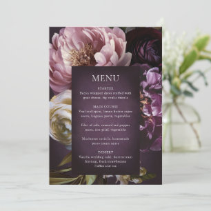 Elegante maximalistische lila Blumenhochzeit Menükarte
