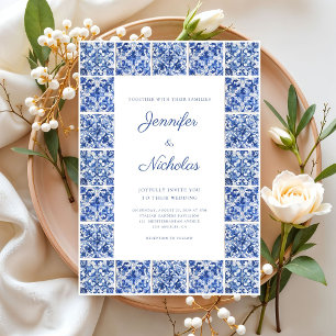 Elegante mediterrane blaue Fliesen Hochzeit Einladung