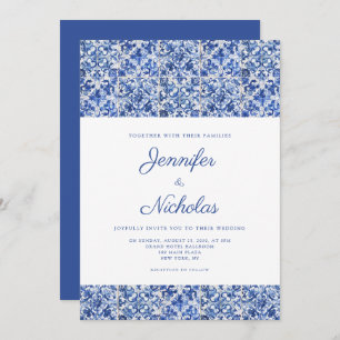 Elegante mediterrane blaue Tiles Wedding Einladung