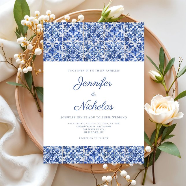 Elegante mediterrane blaue Tiles Wedding Einladung (Von Creator hochgeladen)