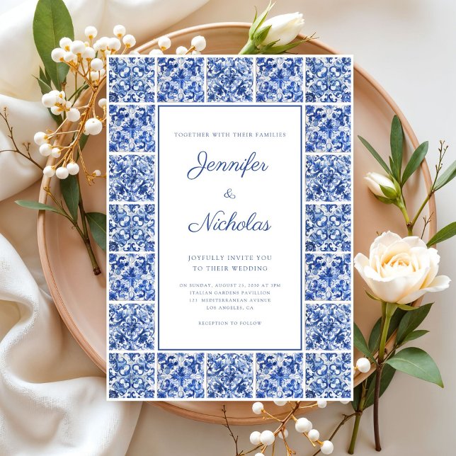Elegante mediterrane blaue Tiles Wedding Einladung (Elegant Mediterranean Blue Tiles Wedding Invitation)