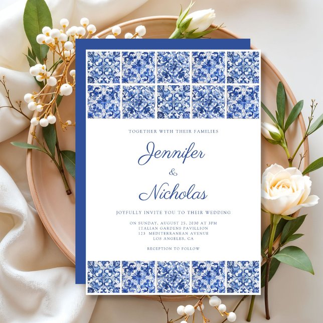 Elegante mediterrane blaue Tiles Wedding Einladung (Elegant Mediterranean Blue Tiles Wedding Invitation)