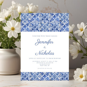 Elegante mediterrane blaue Tiles Wedding Einladung