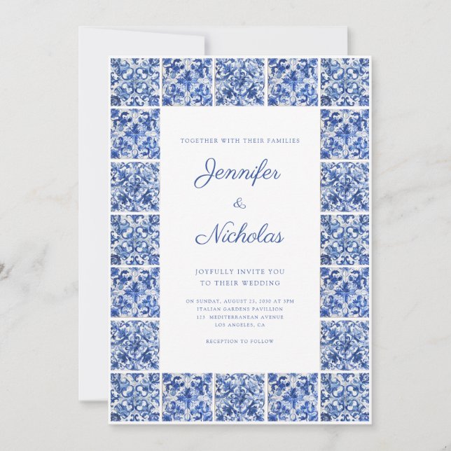Elegante mediterrane blaue Tiles Wedding Einladung (Vorderseite)