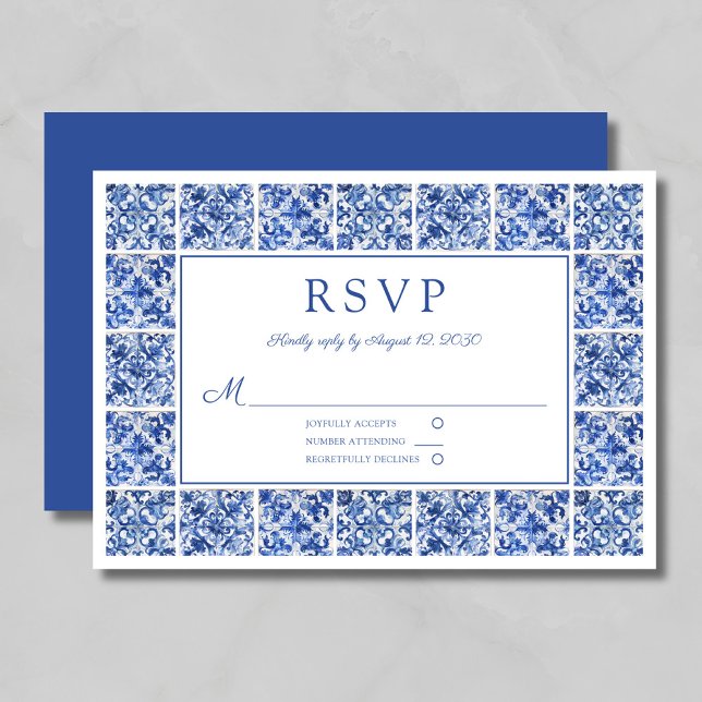 Elegante mediterrane blaue Tiles Wedding RSVP Karte (Elegant Mediterranean Blue Tiles Wedding RSVP Card)