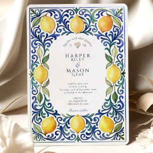 Elegante mediterrane Lemon & Blue Tile Hochzeit Einladung
