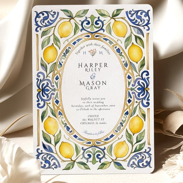 Elegante mediterrane Lemon & Blue Tile Hochzeit Einladung (Von Creator hochgeladen)