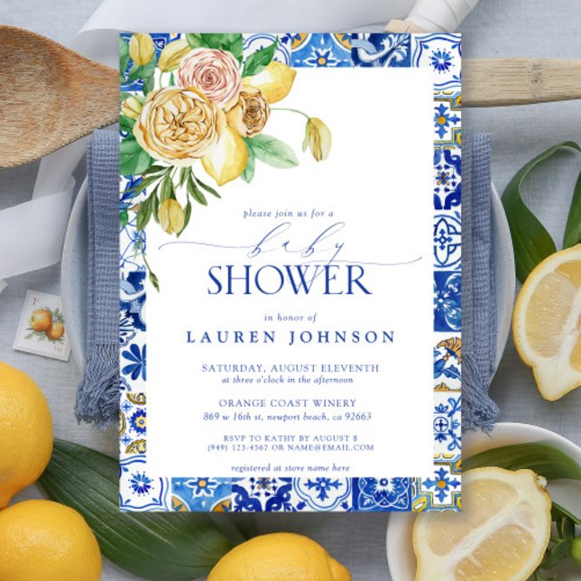 Elegante Mediterrane Lemon Floral Baby Dusche Einladung (Baby Shower Invitation!)