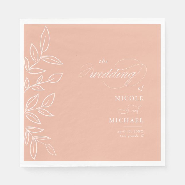 Elegante Melon Pink Minimalistische Blätter Hochze Serviette (Vorderseite)