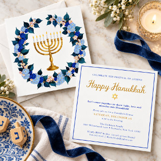 Elegante Menora mit Blumen Hanukkah-Einladung zum Einladung