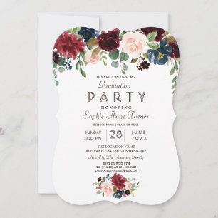 Elegante Merlot Navy Blue Floral Graduation Party Einladung
