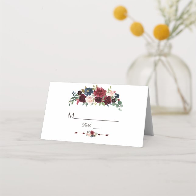 Elegante Merlot Navy Blue Floral Tischnummer Platzkarte (Vorderseite)