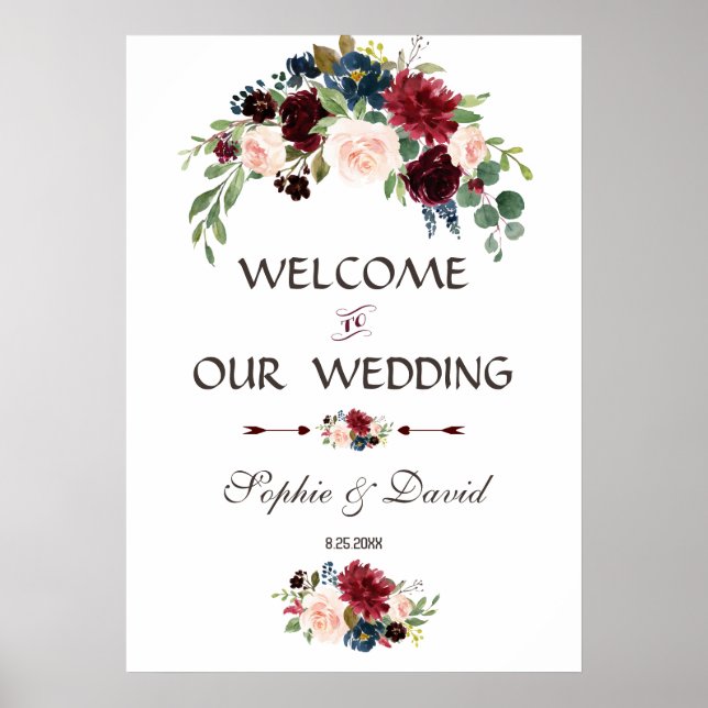 Elegante Merlot Navy Blue Floral Wedding Sign Poster (Vorne)