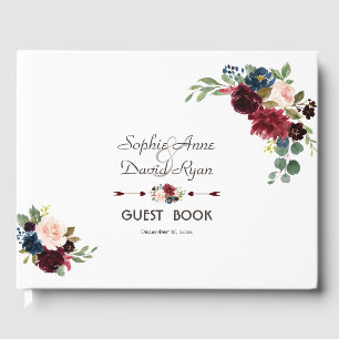 Elegante Merlot Navy Blütenhochzeit Gästebuch