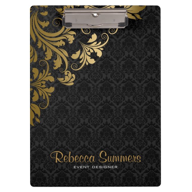 Elegante Metallic Gold Lace Black Damasks Klemmbrett (Vorderseite)