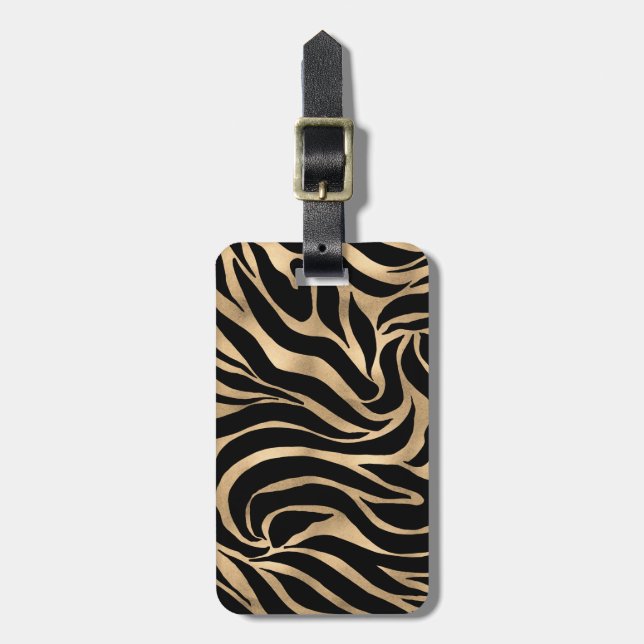 Elegante Metallic Gold Zebra Black Animal Print Gepäckanhänger (Vorderseite vertikal)