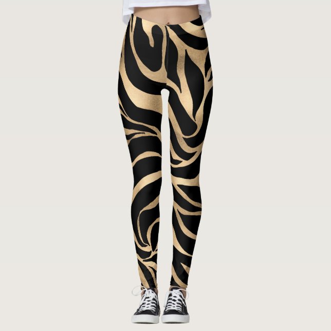 Elegante Metallic Gold Zebra Black Animal Print Leggings (Vorderseite)