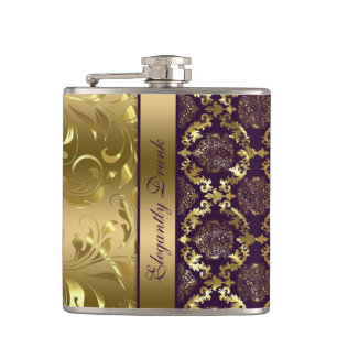 Elegante Metallic Lila- und Gold-Damaskus und Spit Flachmann