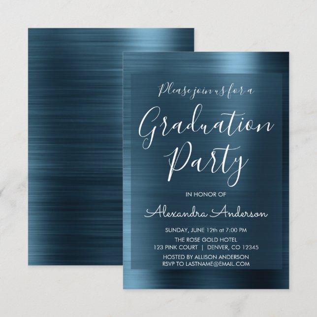 Elegante Metallic Navy Blue Graduation Party Einladung (Vorne/Hinten)