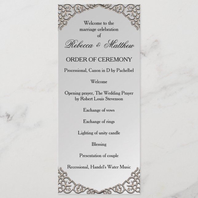 Elegante Metallic Silver Wedding Programm (Vorderseite)