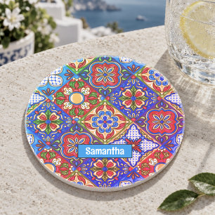Elegante mexikanische Talavera rote blaue violette Getränkeuntersetzer