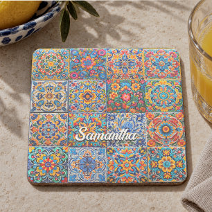 Elegante mexikanische Talavera rote gelbe Fliesen Steinuntersetzer