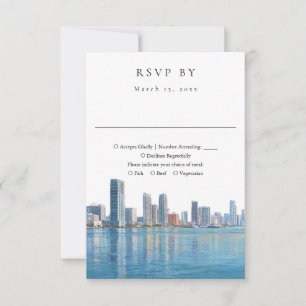 Elegante Miami-Skyline-Aquarell-Hochzeit RSVP Karte